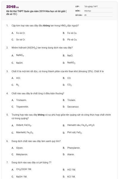 Đề thi thử THPT Quốc gia năm 2019 Hóa học có lời giải ( đề số 15 )
