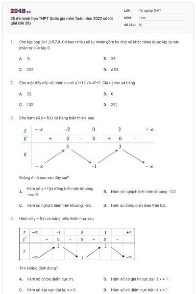 35 đề minh họa THPT Quốc gia môn Toán năm 2022 có lời giải (Đề 26)