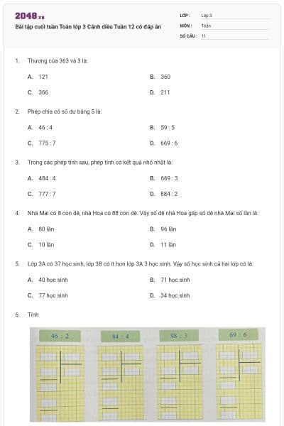 Bài tập cuối tuần Toán lớp 3 Cánh diều Tuần 12 có đáp án