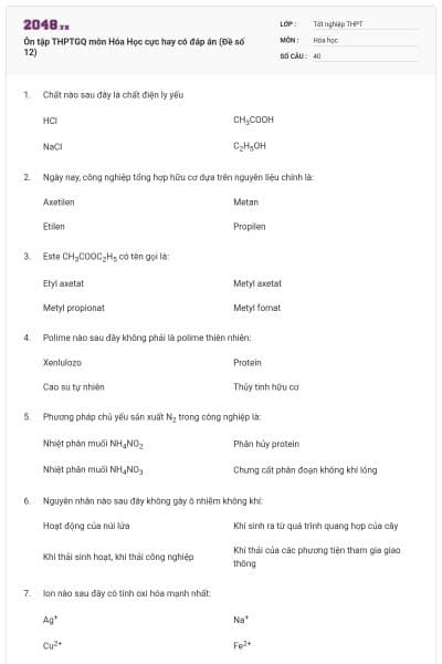 Ôn tập THPTGQ môn Hóa Học cực hay có đáp án (Đề số 12)