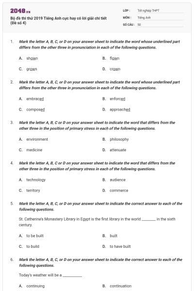 Bộ đề thi thử 2019 Tiếng Anh cực hay có lời giải chi tiết (Đề số 4)