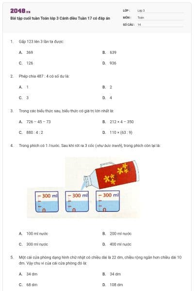 Bài tập cuối tuần Toán lớp 3 Cánh diều Tuần 17 có đáp án