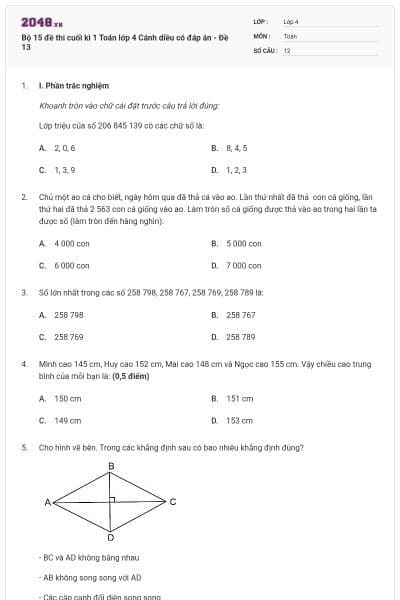 Bộ 15 đề thi cuối kì 1 Toán lớp 4 Cánh diều có đáp án - Đề 13