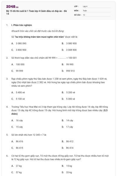 Bộ 15 đề thi cuối kì 1 Toán lớp 4 Cánh diều có đáp án - Đề 14