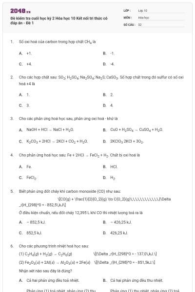 Đề kiểm tra cuối học kỳ 2 Hóa học 10 Kết nối tri thức có đáp án - Đề 1