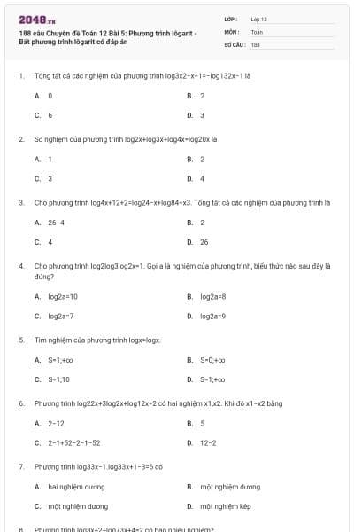 188 câu Chuyên đề Toán 12 Bài 5: Phương trình lôgarit - Bất phương trình lôgarit có đáp án