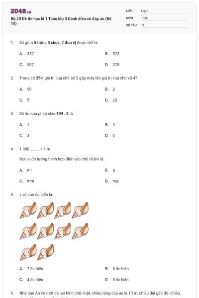 Bộ 20 Đề thi học kì 1 Toán lớp 3 Cánh diều có đáp án (Đề 10)