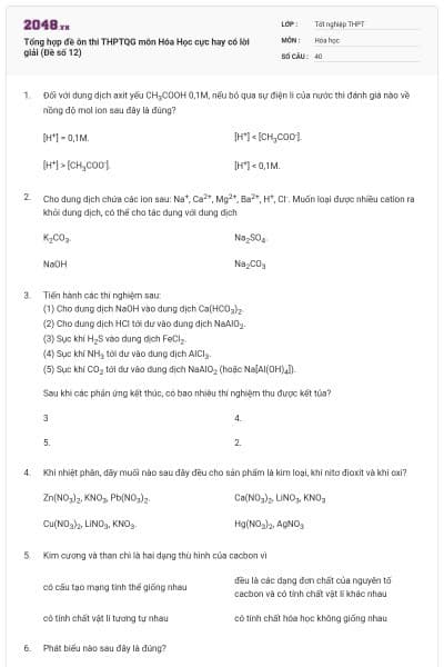 Tổng hợp đề ôn thi THPTQG môn Hóa Học cực hay có lời giải (Đề số 12)