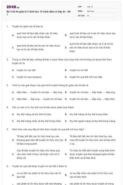 Bộ 4 đề thi giữa kì 2 Sinh học 10 Cánh diều có đáp án - Đề 1