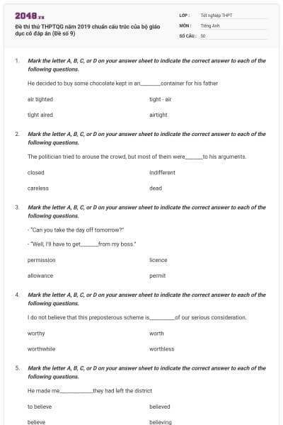 Đề thi thử THPTQG năm 2019 chuẩn cấu trúc của bộ giáo dục có đáp án (Đề số 9)