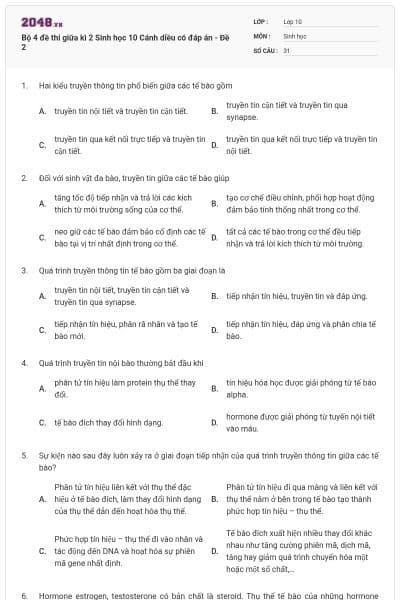 Bộ 4 đề thi giữa kì 2 Sinh học 10 Cánh diều có đáp án - Đề 2