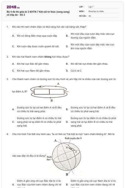 Bộ 4 đề thi giữa kì 2 KHTN 7 Kết nối tri thức (song song) có đáp án - Đề 2