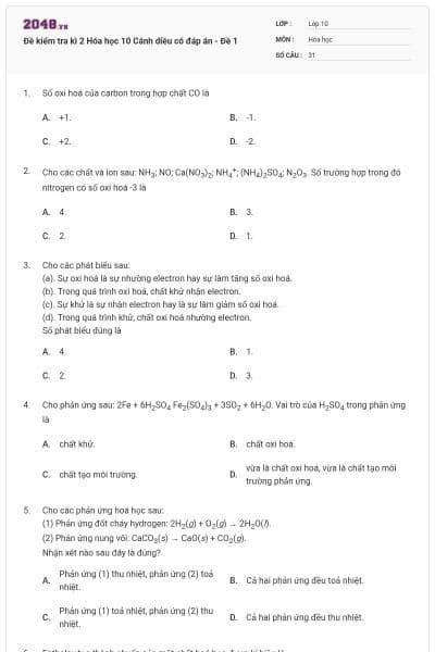 Đề kiểm tra kì 2 Hóa học 10 Cánh diều có đáp án - Đề 1