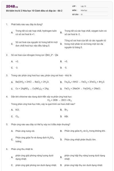 Đề kiểm tra kì 2 Hóa học 10 Cánh diều có đáp án - Đề 2