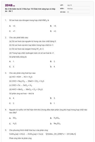 Bộ 2 Đề kiểm tra kì 2 Hóa học 10 Chân trời sáng tạo có đáp án - Đề 1