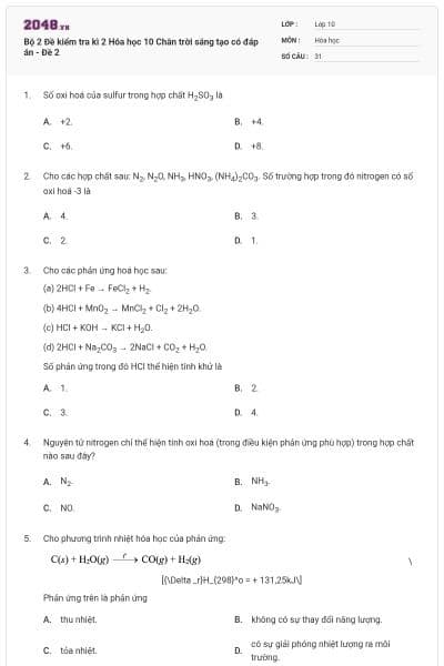 Bộ 2 Đề kiểm tra kì 2 Hóa học 10 Chân trời sáng tạo có đáp án - Đề 2