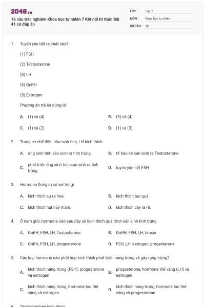 16 câu trắc nghiệm Khoa học tự nhiên 7 Kết nối tri thức Bài 41 có đáp án
