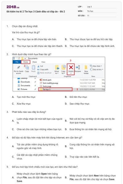 Đề kiểm tra kì 2 Tin học 3 Cánh diều có đáp án - Đề 2