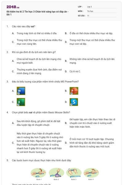 Đề kiểm tra kì 2 Tin học 3 Chân trời sáng tạo có đáp án - Đề 1