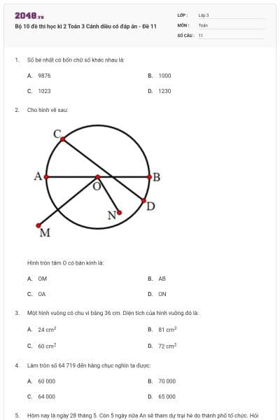 Bộ 10 đề thi học kì 2 Toán 3 Cánh diều có đáp án - Đề 11