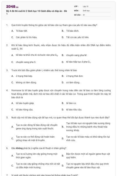 Bộ 4 đề thi cuối kì 2 Sinh học 10 Cánh diều có đáp án - Đề 1
