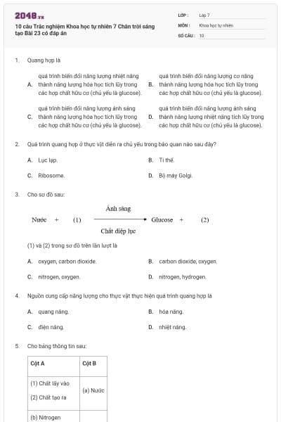 10 câu Trắc nghiệm Khoa học tự nhiên 7 Chân trời sáng tạo Bài 23 có đáp án