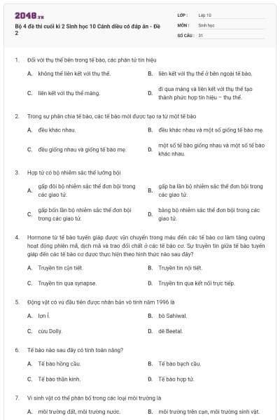Bộ 4 đề thi cuối kì 2 Sinh học 10 Cánh diều có đáp án - Đề 2