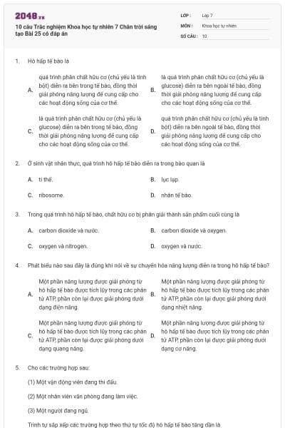 10 câu Trắc nghiệm Khoa học tự nhiên 7 Chân trời sáng tạo Bài 25 có đáp án