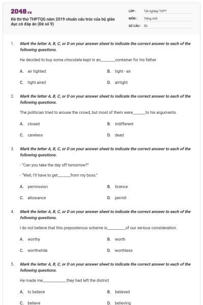 Đề thi thử THPTQG năm 2019 chuẩn cấu trúc của bộ giáo dục có đáp án (Đề số 9)