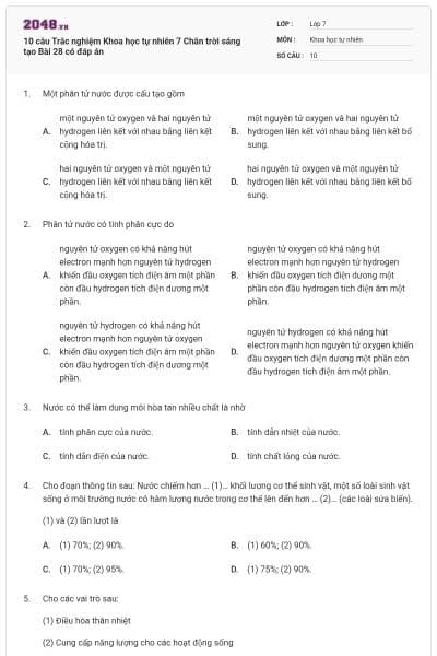 10 câu Trắc nghiệm Khoa học tự nhiên 7 Chân trời sáng tạo Bài 28 có đáp án