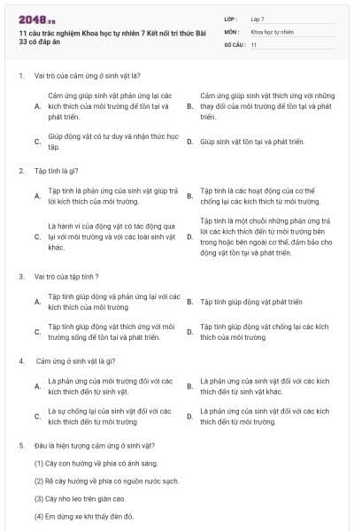 11 câu trắc nghiệm Khoa học tự nhiên 7 Kết nối tri thức Bài 33 có đáp án