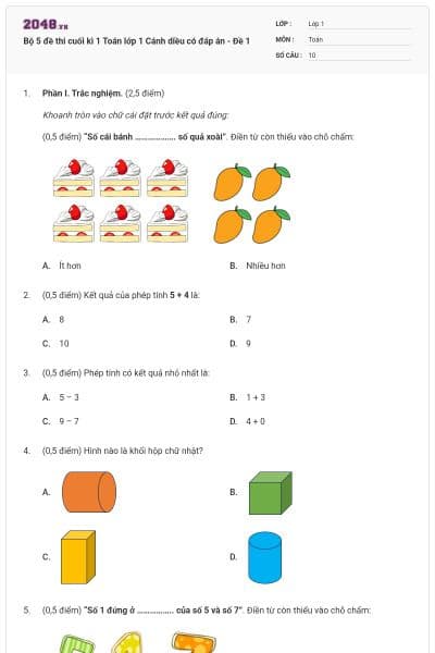 Bộ 5 đề thi cuối kì 1 Toán lớp 1 Cánh diều có đáp án - Đề 1