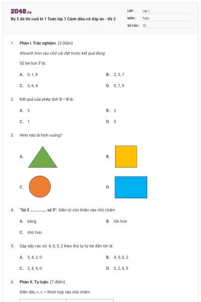 Bộ 5 đề thi cuối kì 1 Toán lớp 1 Cánh diều có đáp án - Đề 2