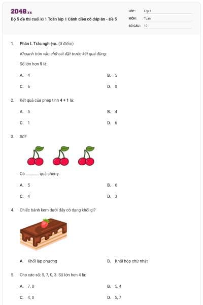 Bộ 5 đề thi cuối kì 1 Toán lớp 1 Cánh diều có đáp án - Đề 5