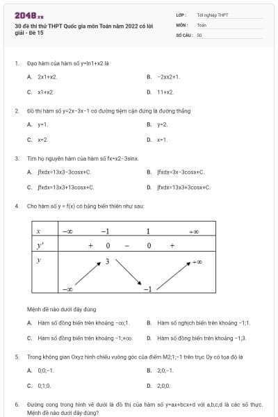 30 đề thi thử THPT Quốc gia môn Toán năm 2022 có lời giải - Đề 15