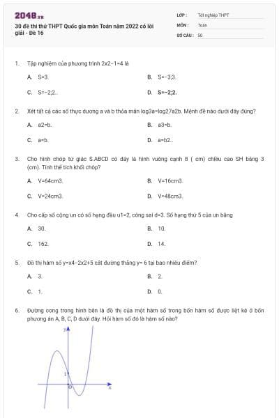 30 đề thi thử THPT Quốc gia môn Toán năm 2022 có lời giải - Đề 16