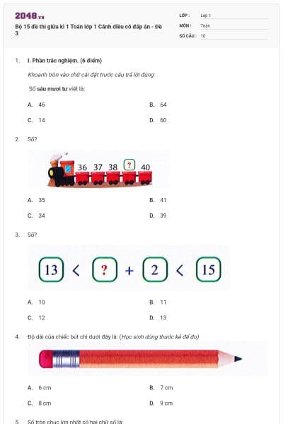 Bộ 15 đề thi giữa kì 1 Toán lớp 1 Cánh diều có đáp án - Đề 3