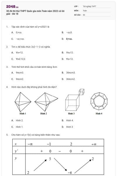 30 đề thi thử THPT Quốc gia môn Toán năm 2022 có lời giải - Đề 18