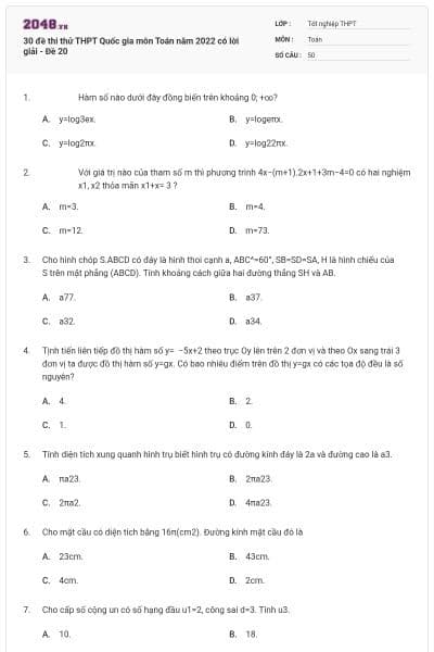 30 đề thi thử THPT Quốc gia môn Toán năm 2022 có lời giải - Đề 20
