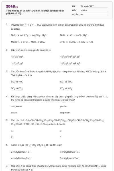 Tổng hợp đề ôn thi THPTQG môn Hóa Học cực hay có lời giải (Đề số 13)