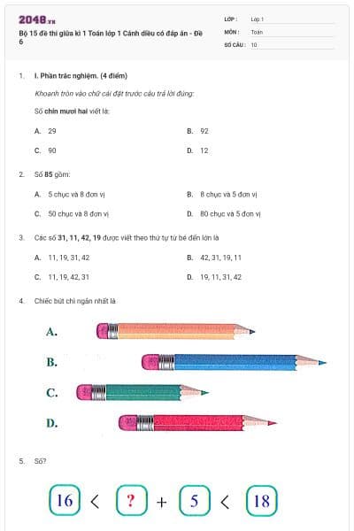 Bộ 15 đề thi giữa kì 1 Toán lớp 1 Cánh diều có đáp án - Đề 6