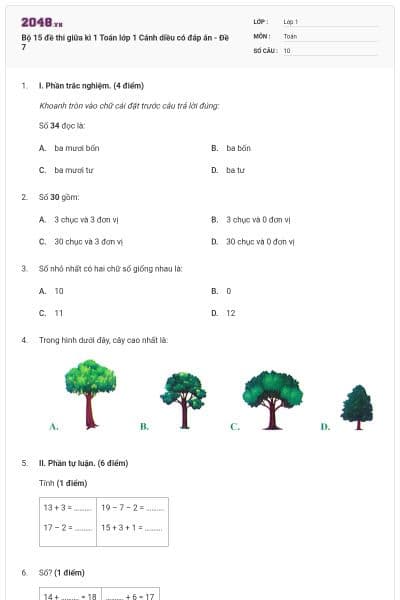 Bộ 15 đề thi giữa kì 1 Toán lớp 1 Cánh diều có đáp án - Đề 7