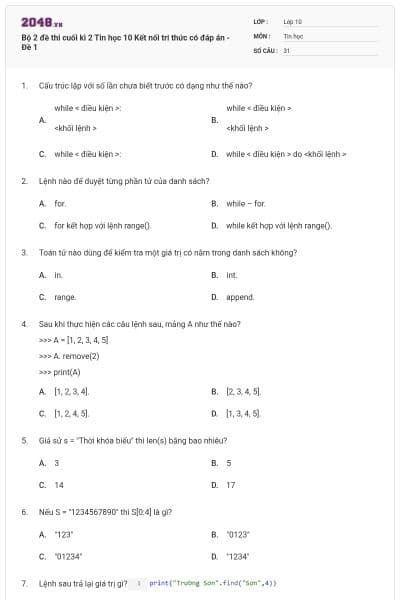 Bộ 2 đề thi cuối kì 2 Tin học 10 Kết nối tri thức có đáp án - Đề 1