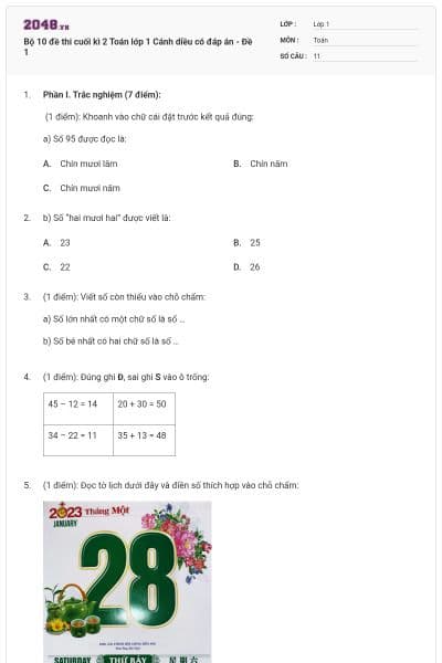 Bộ 10 đề thi cuối kì 2 Toán lớp 1 Cánh diều có đáp án - Đề 1