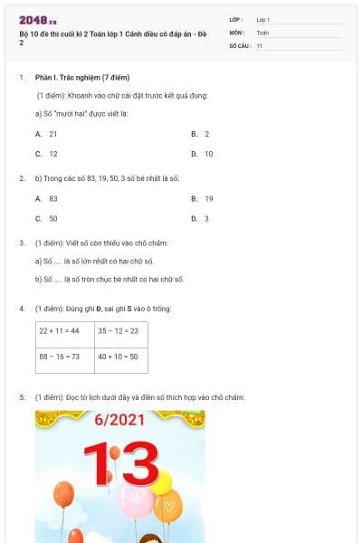 Bộ 10 đề thi cuối kì 2 Toán lớp 1 Cánh diều có đáp án - Đề 2