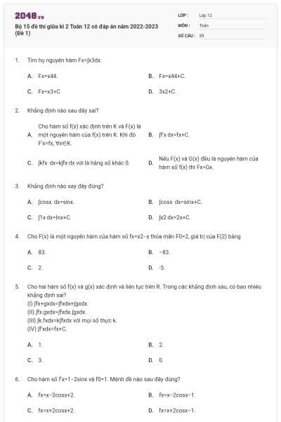 Bộ 15 đề thi giữa kì 2 Toán 12 có đáp án năm 2022-2023 (Đề 1)