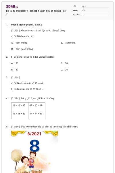 Bộ 10 đề thi cuối kì 2 Toán lớp 1 Cánh diều có đáp án - Đề 3