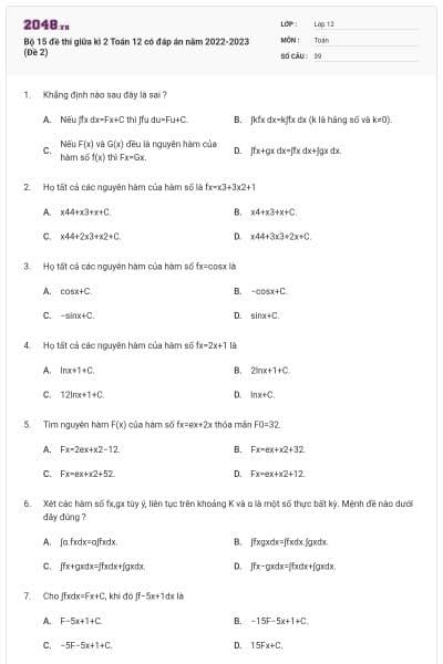Bộ 15 đề thi giữa kì 2 Toán 12 có đáp án năm 2022-2023 (Đề 2)