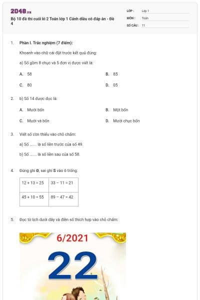 Bộ 10 đề thi cuối kì 2 Toán lớp 1 Cánh diều có đáp án - Đề 4
