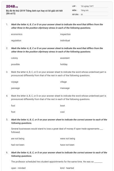 Bộ đề thi thử 2019 Tiếng Anh cực hay có lời giải chi tiết (Đề số 5)